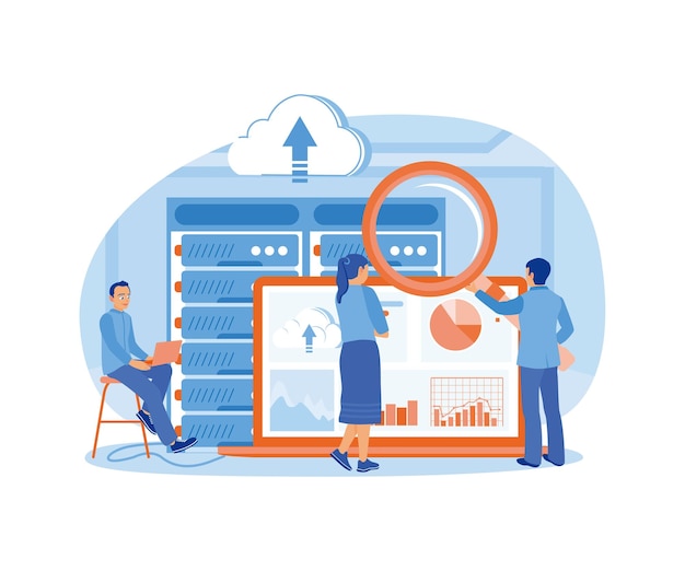 the business team analysed data on the laptop storing data online in a data center could computing concept flat vector illustration