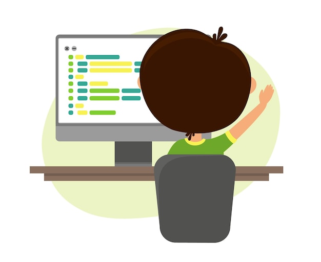 The child writes the program code Children robotics programming Vector illustration isolated
