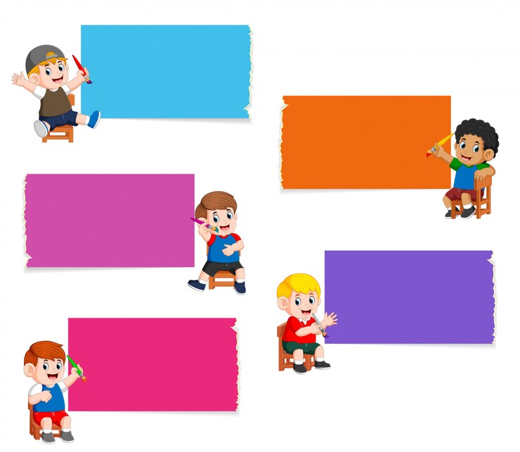 Vector the collection of the blank board in the different color with the kids holding brush paint
