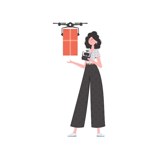 The concept of cargo delivery by air A woman controls a drone with a parcel Isolated on white background trendy style Vector