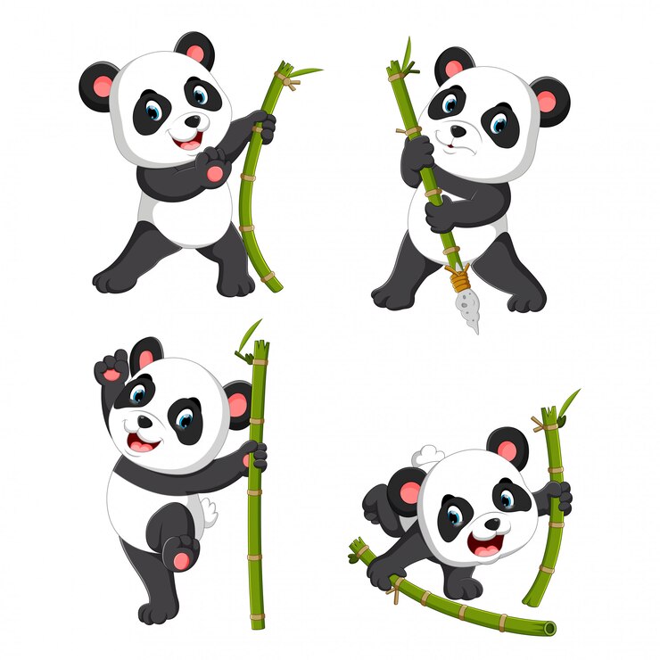 Vector the cute collection of panda palying with the green bamboo