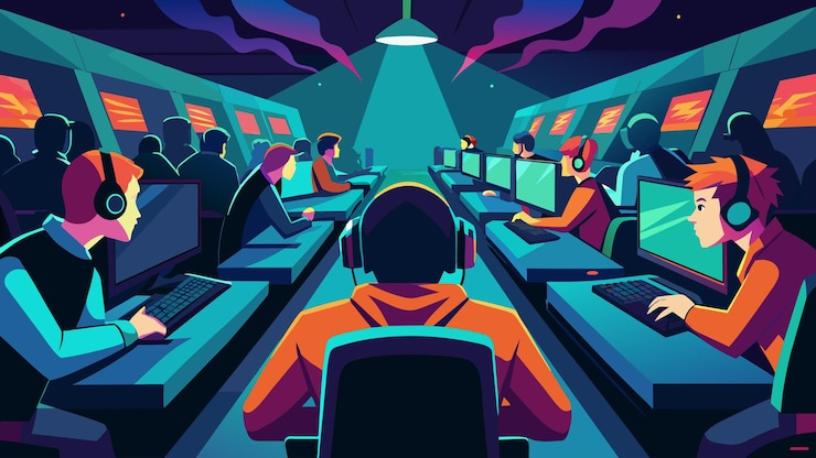 Vector the dimly lit event hall is packed with young competitors all focused on their screens as they