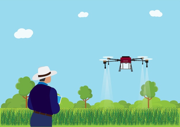 the future of farming farmer controls the use of drones to spray fertilizer on green pastures agricultural technology innovation concept vector illustration