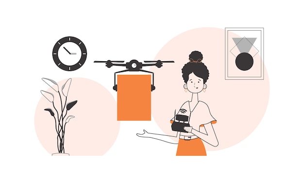 The girl delivers the package by drone Drone delivery concept Linear modern style
