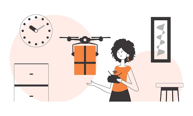 The girl delivers the package by drone Drone delivery concept Linear trendy style