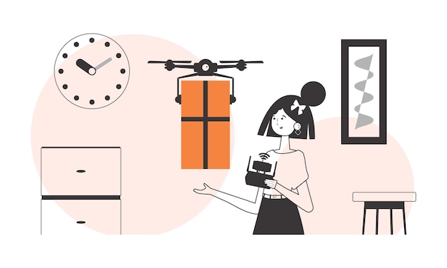 The girl delivers the package by drone The concept of cargo delivery by air Minimalistic linear style