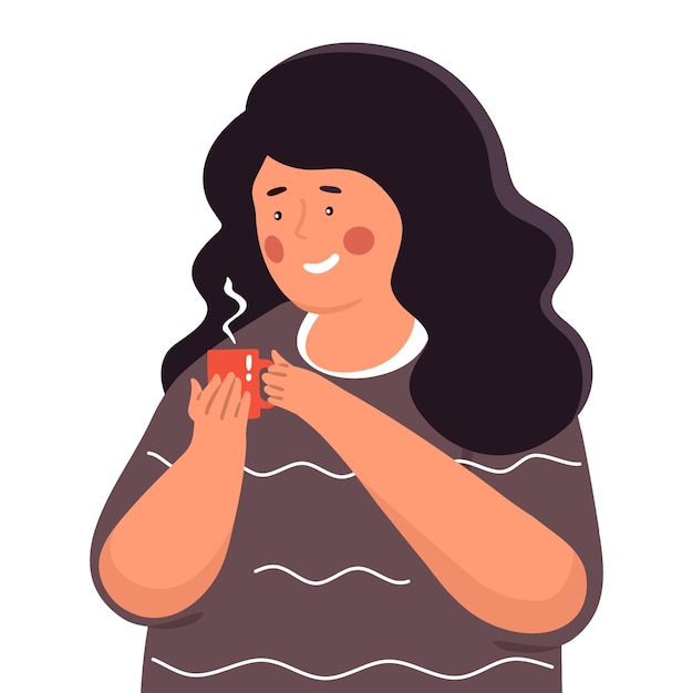 The girl holds a cup with a hot drink in her hands. Tea time.  illustration in flat style.
