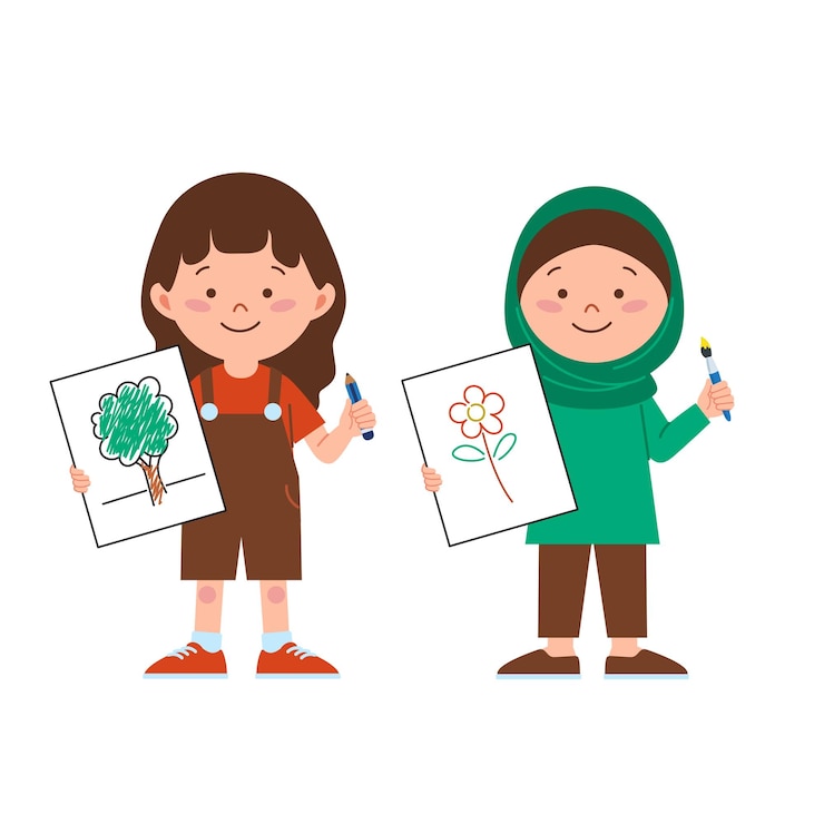 Vector the girls drawing on a paper