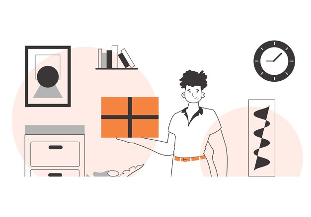The guy is holding a package Parcel delivery concept Linear trendy style