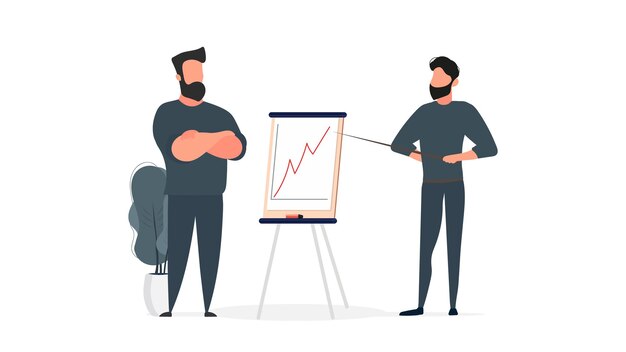 The guy shows a report to the boss. Presentation with positive dynamics. Board for paper. Infographics. Business growth. Isolated. Vector.