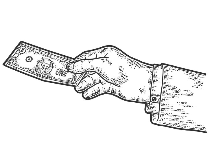 Vector the hand transfers one dollar sketch scratch board imitation black and white
