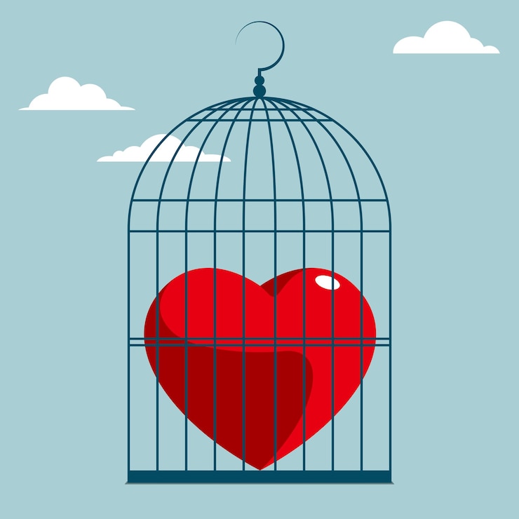 Vector the heart symbol is in the bird cage. isolated on blue background.