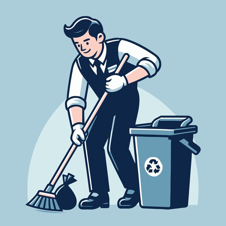 Vector the hotel staff is cleaning the floor with a trash bin placed nearby