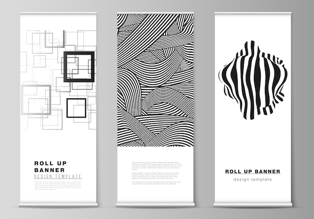 the illustration layout of roll up banner stands, vertical flyers, flags design business templates. trendy geometric abstract background in minimalistic flat style with dynamic composition.