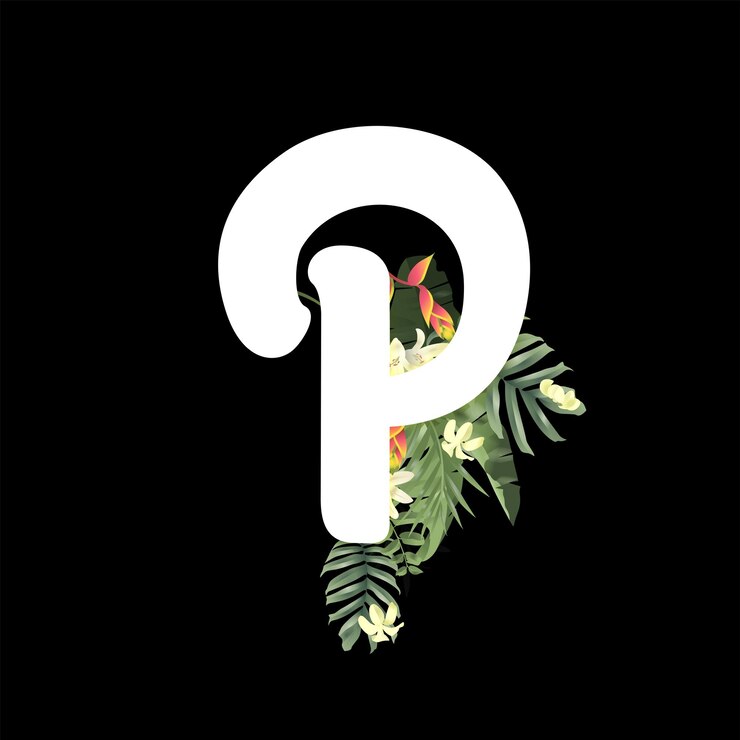 Vector the letter p is decorated with pretty flowers on a black background