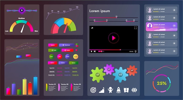 The picture shows the interface of a web application or site consisting of navigation elements buttons and various components Design includes menu search form icons and vector graphics