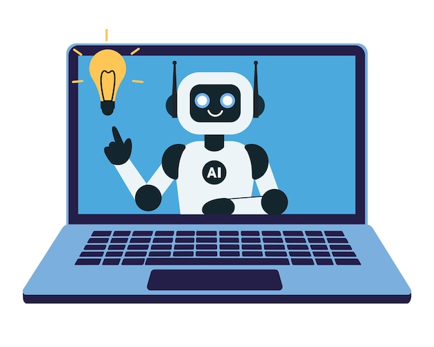 The robot on the laptop monitor screen pointing to the light bulb and develops an innovative business idea or strategy