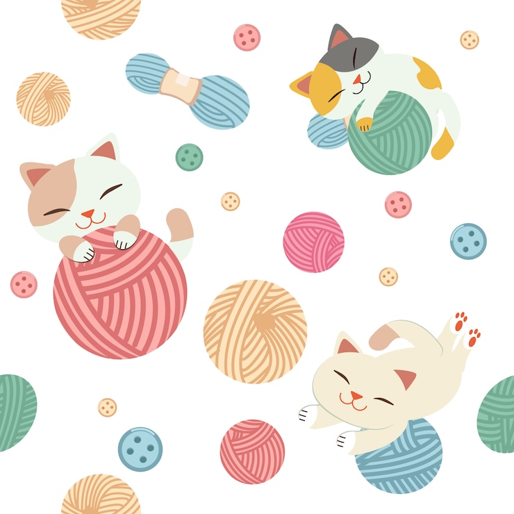 Vector the seamless pattern of cute cat play with a yarn. 