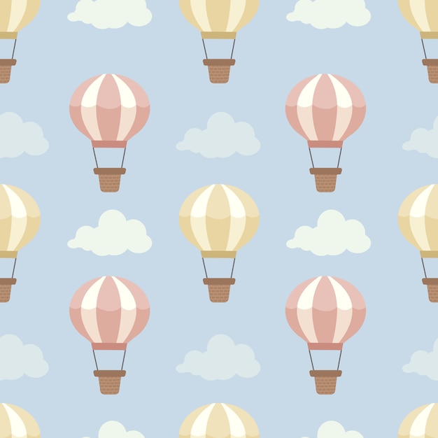 The seamless pattern of hot air balloon on the blue sky with a cloud set. 
