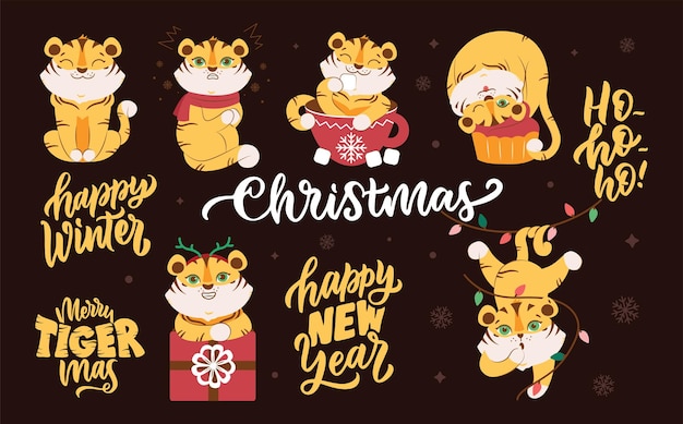 The set of cartoon tigers for Christmas and Happy New Year designs The cute animals for logos 2022