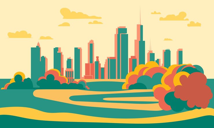 The silhouette of the city painted in bright and trendy colors stands out against the horizon