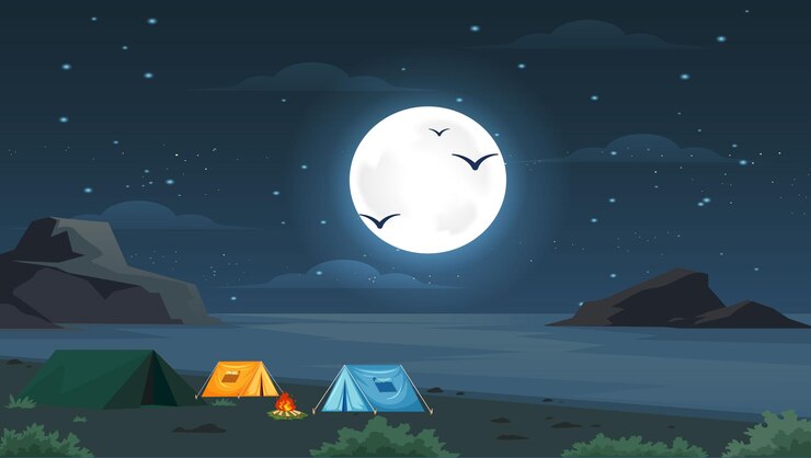 Vector the sky is full of stars the moon and some mountains or some tents on the sea