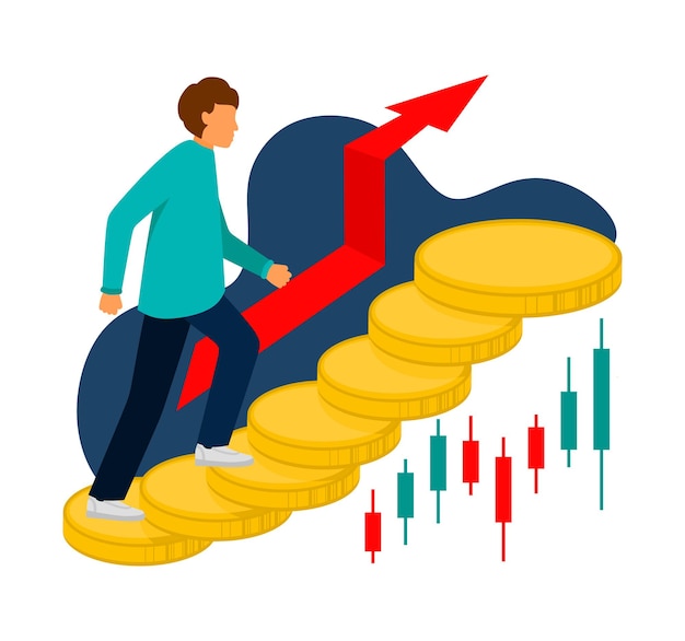 The trader moves up the charts Trading quotes stocks investment concept Flat cartoon vector