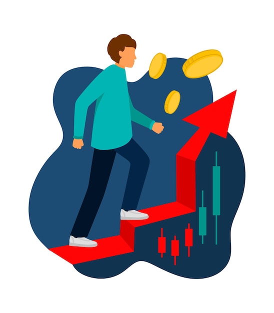 The trader moves up the charts Trading quotes stocks investment concept Flat cartoon vector