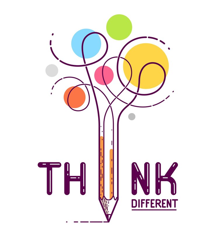 Vector think different word with pencil instead of letter i, ideas and brainstorm concept, vector conceptual creative logo or poster made with special font.