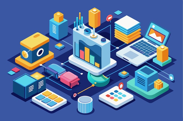 This representation showcases a customizable analytics setup featuring devices graphs and data organization elements Setup analytics Customizable Isometric Illustration