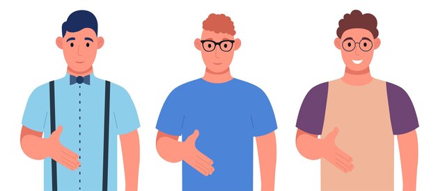 Three different young men giving hand shake pose and smiling with welcome gesture. Character set. Vector illustration.