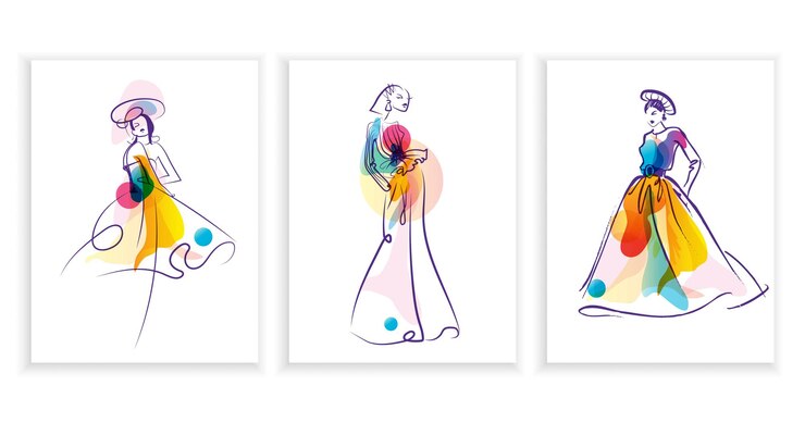 three fashionable color paintings on the wall with girls and paints