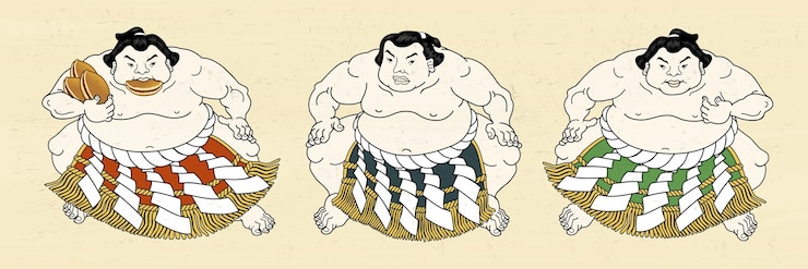 Vector three japanese sumo wrestler in colorful belt and one of them holding dorayaki snacks ukiyoe style illustration