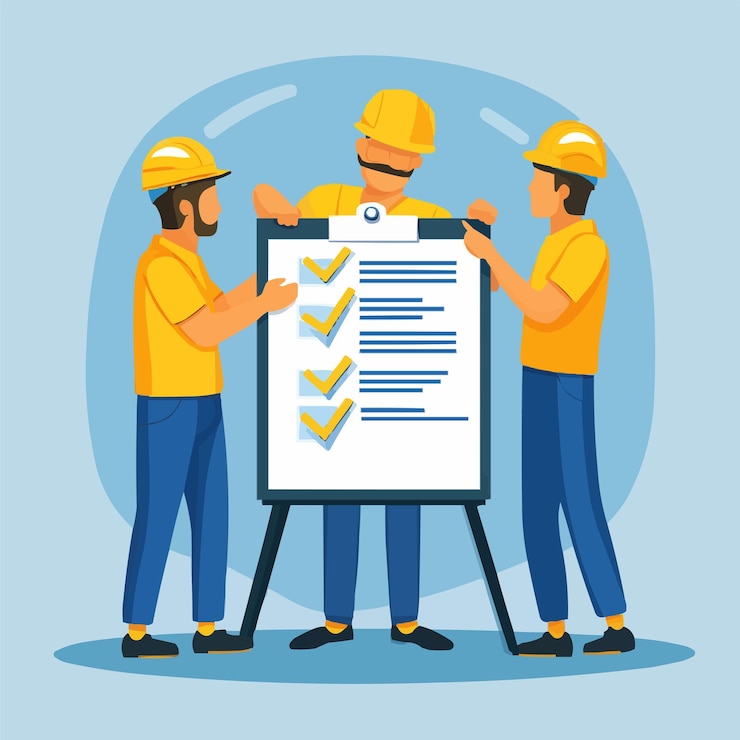 Vector three men are working on a white paper with a blue background
