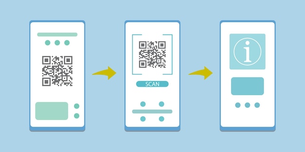 three mobile screen qr code scan steps on smartphone vector illustration