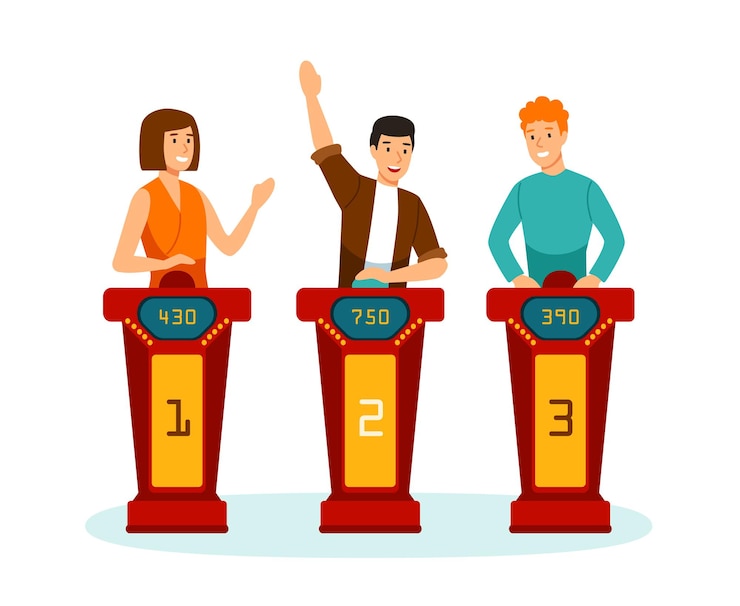 Vector three participants of tv quizshow answering questions or solving puzzles isolated