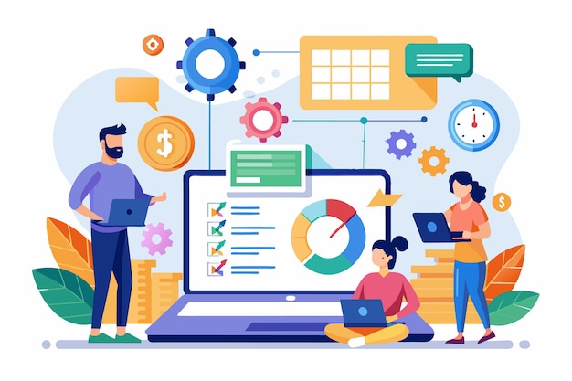 Three people collaborate on a laptop reviewing financial data with charts graphs and a checklist on the screen Gears clocks and money icons are nearby