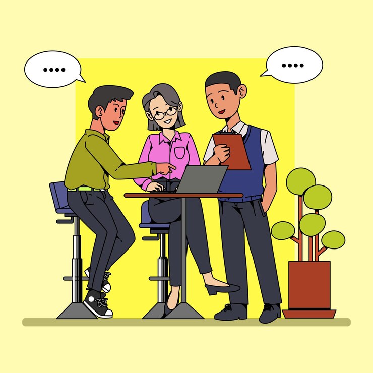 Vector three people discusing something at work illustration concept