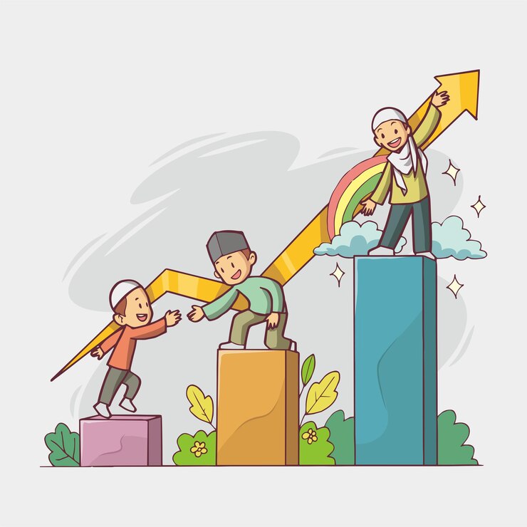 Vector three people walk up the ladder of faith. hand drawn art