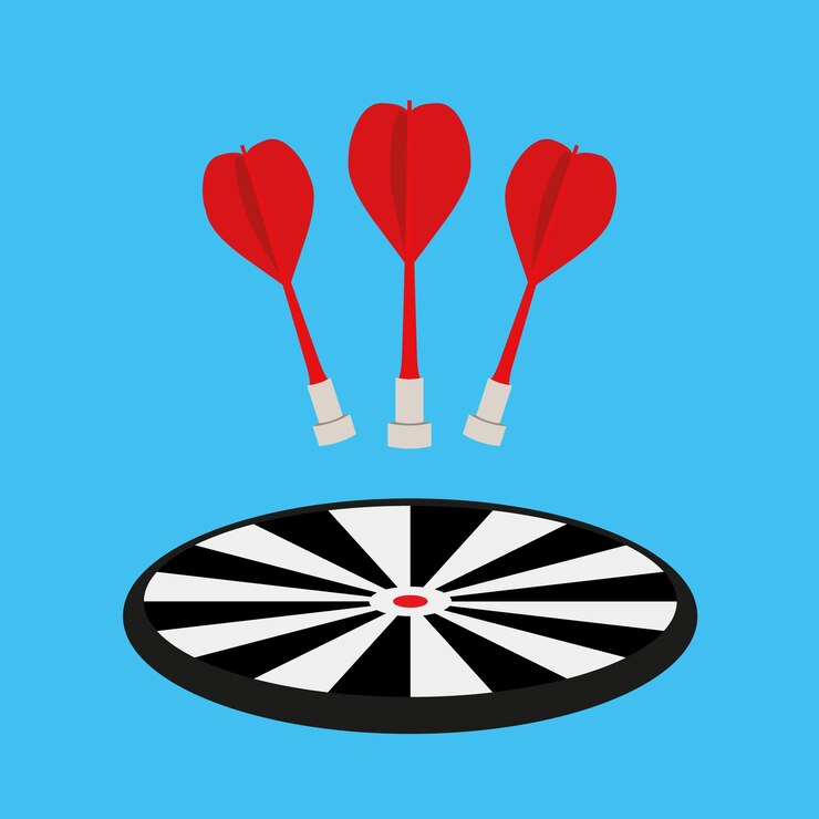 Three red darts and a dart board on blue background
