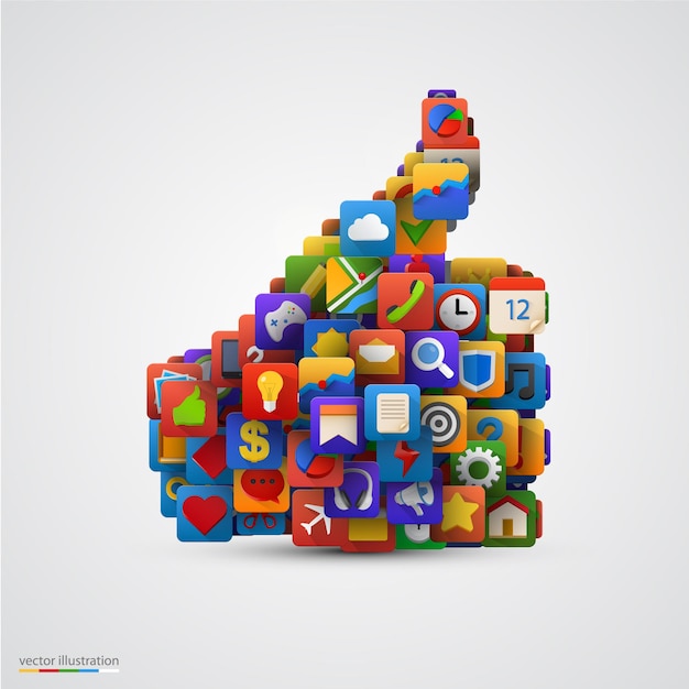Thumb silhouette with many application icons.
