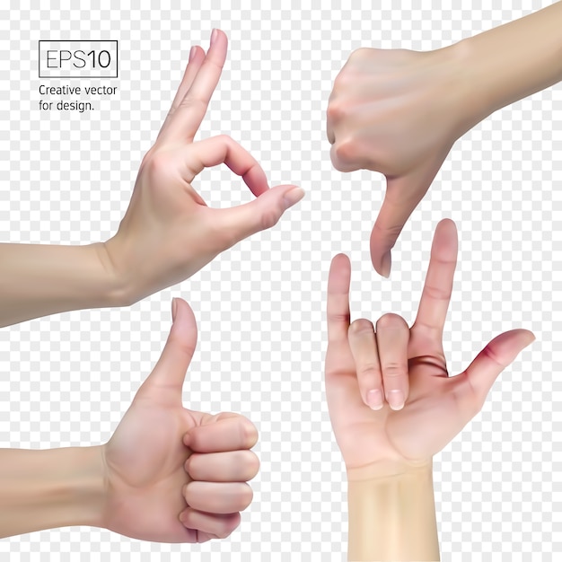 ThumbÑ down, ok, rock, like signs. Female hand on a transparent background show signs.