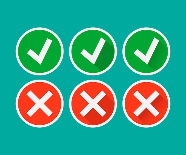 Tick and cross signs Green checkmark OK and red X icon isolated on white background Vector illustration