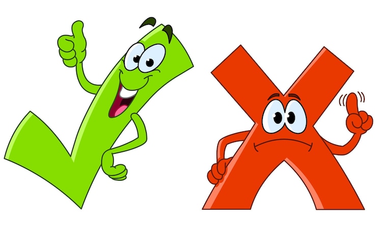 Vector tick check and cross x mark cartoon characters