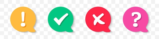tick cross question mark exclamation point icons in speech bubble with shadow