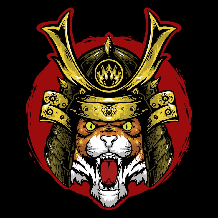 Vector tiger head samurai with red background logo mascot  