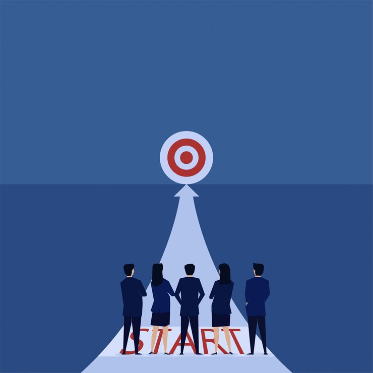 Vector tim berdiri di garis awal dan melihat metafora target dari start up.