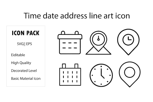 time date and address concept editable stroke outline icons set isolated on white background flat