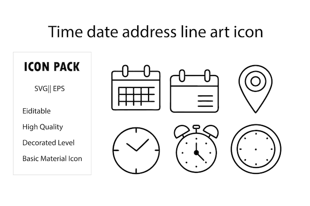time date and address concept editable stroke outline icons set isolated on white background flat