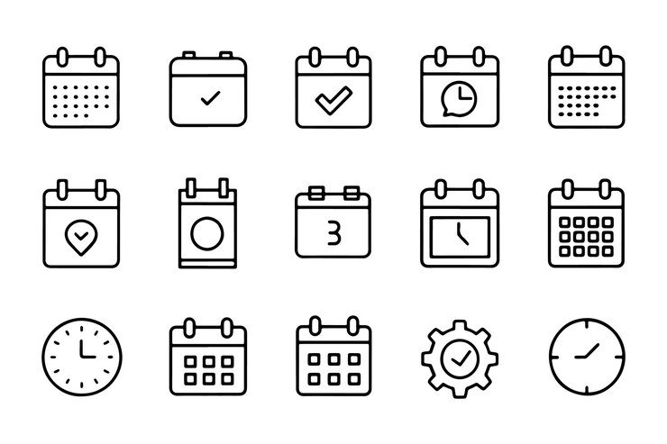 Time date and address related black 15 pcs icons set isolated on white background